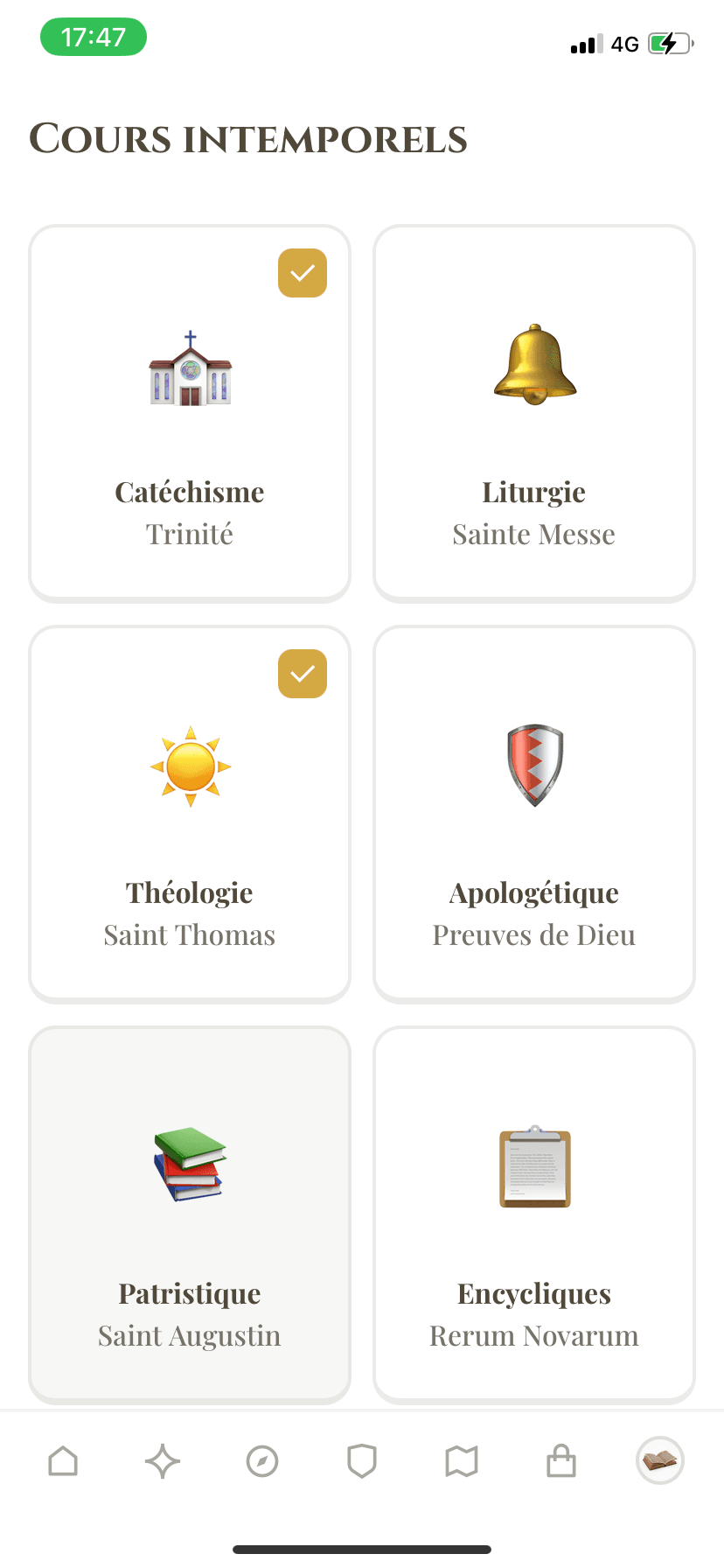 Écran des cours dans l'application Apôtre